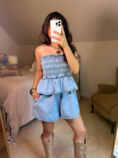 Denim Smocked Strapless Romper