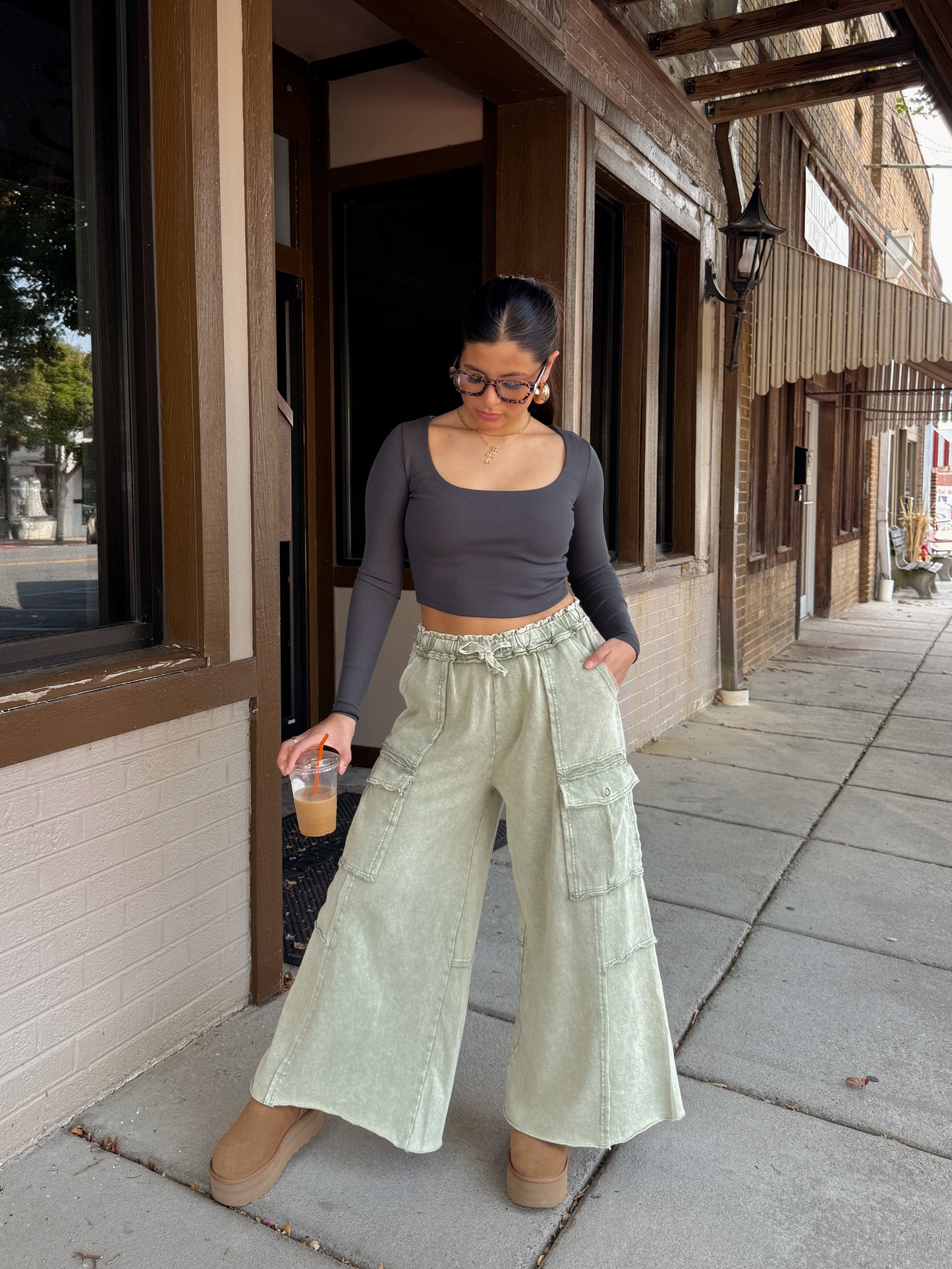 Sage Cargo Flowy Cropped Pants