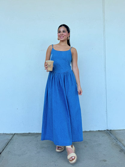 Denim Open Back Maxi Dress