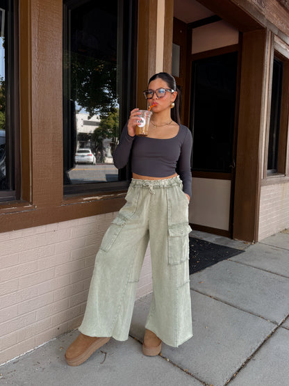 Sage Cargo Flowy Cropped Pants