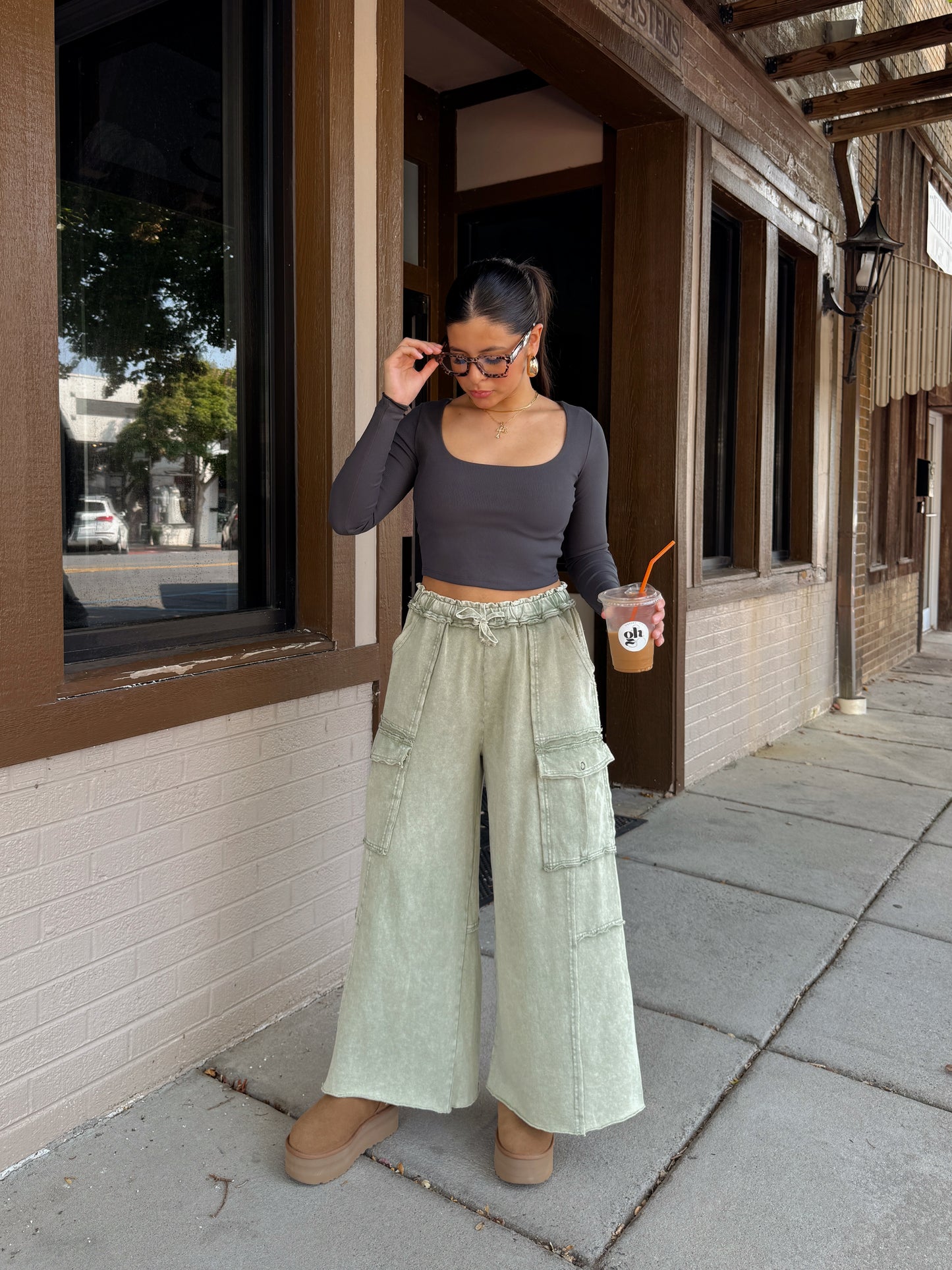 Sage Cargo Flowy Cropped Pants