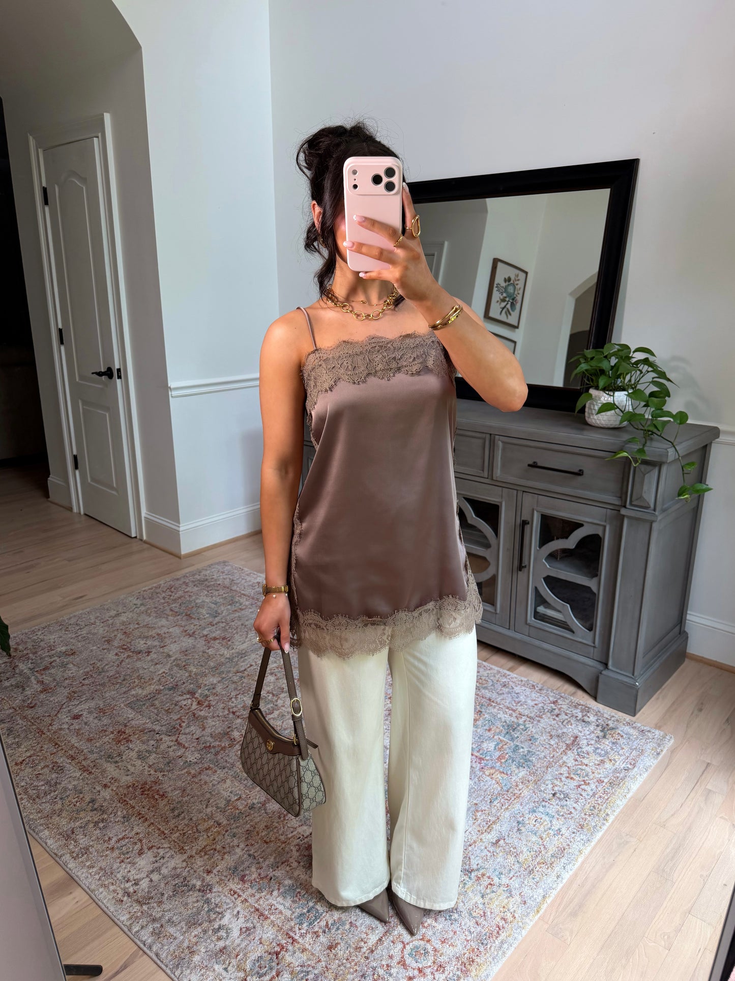 Olive Mocha Lace Satin Top