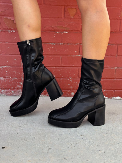 Black Leather Ankle Platform Booties