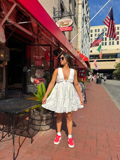 V-Neck White Short Dress