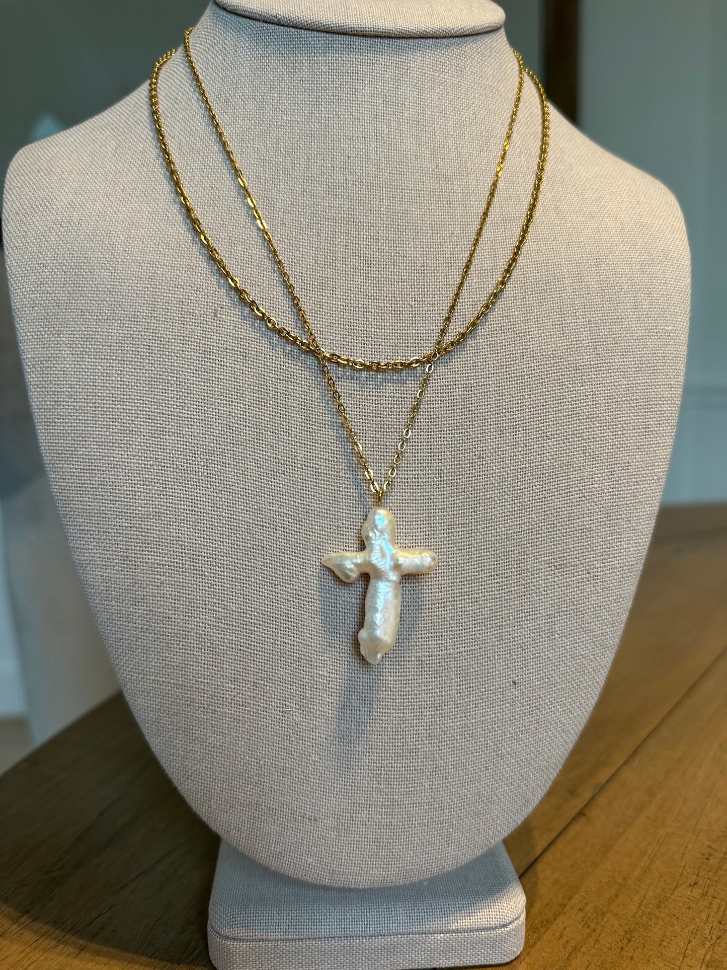 Pearl Cross Layered Necklace (Water Resistant