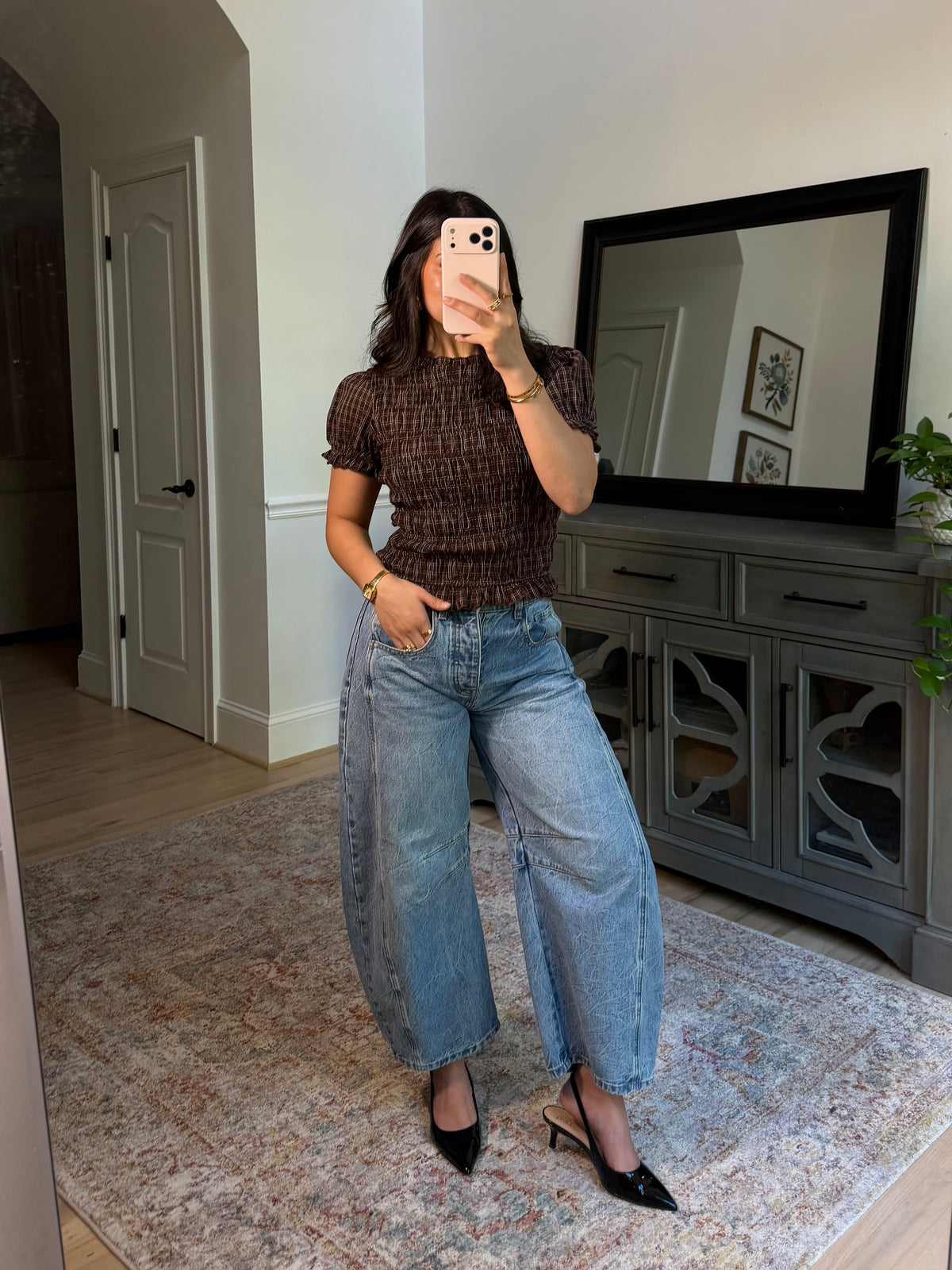 Anne Brown Plaid Scrunch Top