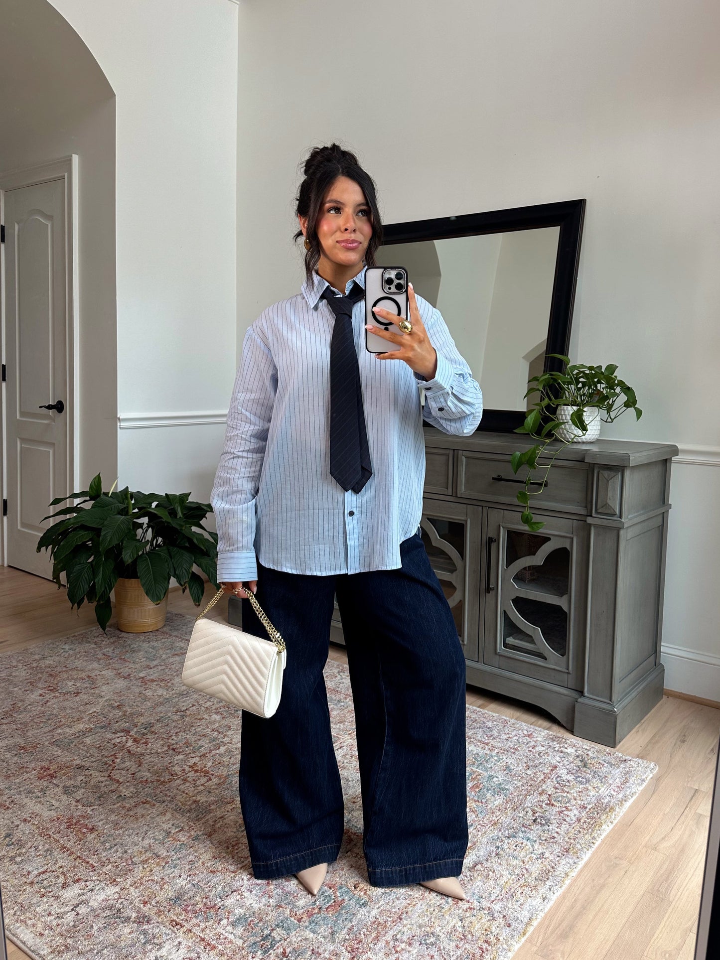 Power & Poise Pinstripe Blouse W/ Tie