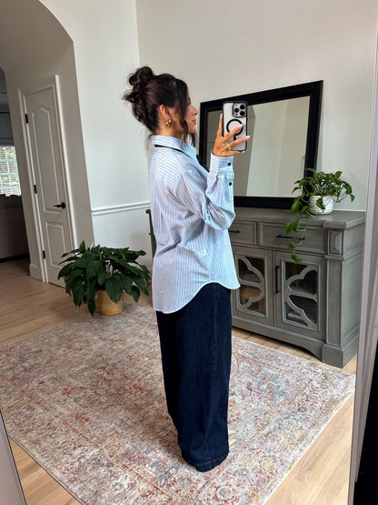 Power & Poise Pinstripe Blouse W/ Tie