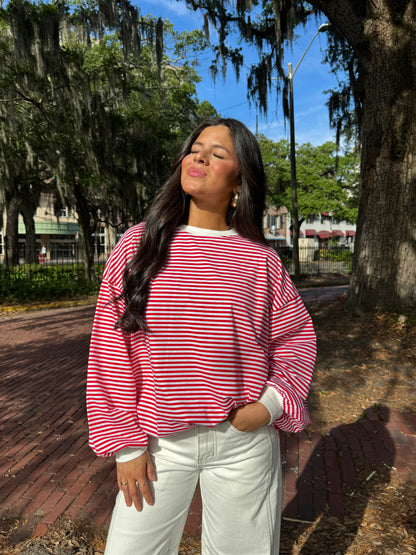 Red and White Striped Long Sleeve Tee