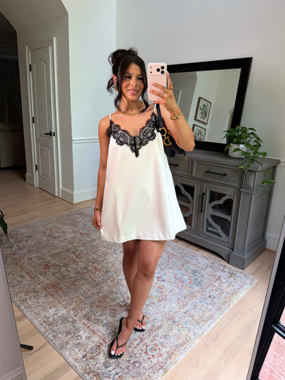 Sweet Escape Pleather Lace Dress (White/Black)