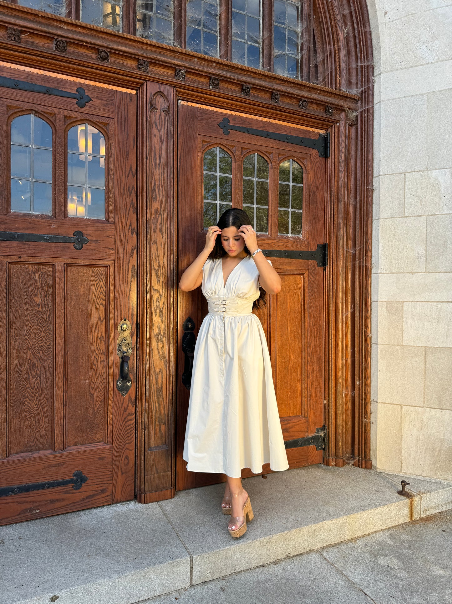 Beige Belted Buckle Dress