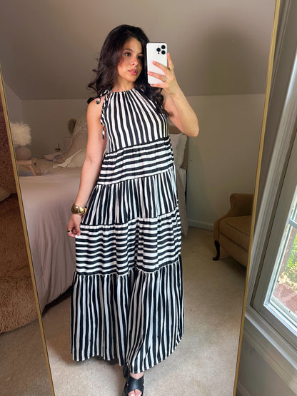 Black & White Striped Halter Maxi Dress