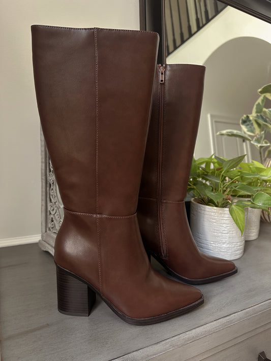 Brown Pointed Toe Knee-High Boot