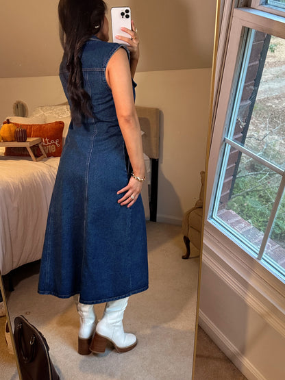 Denim Pleated Button-Up Dress