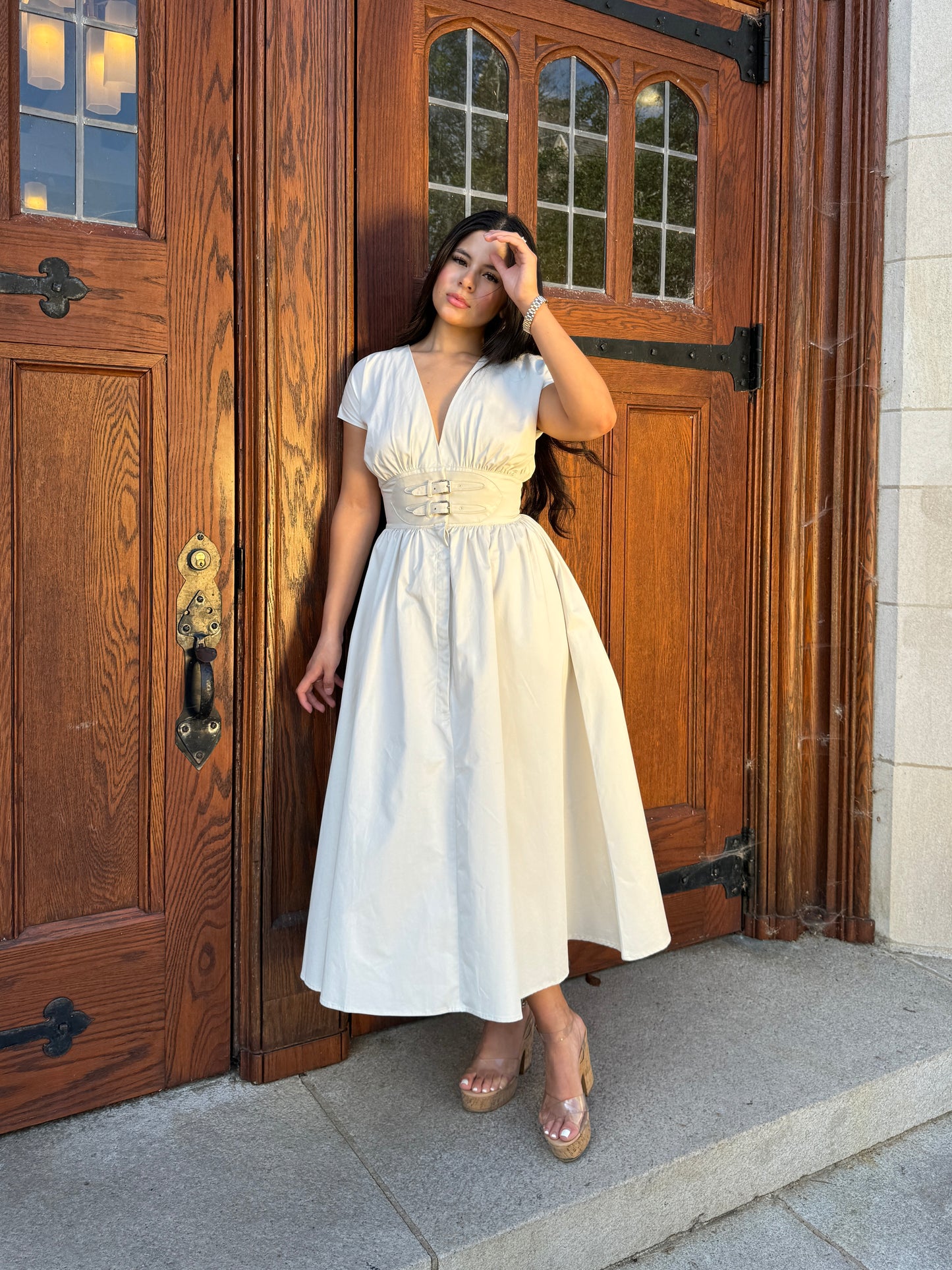 Beige Belted Buckle Dress