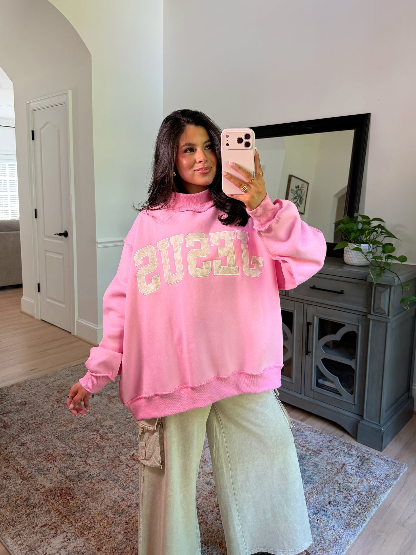 ‘JESUS’ Camo Embroidered Pink Mockneck