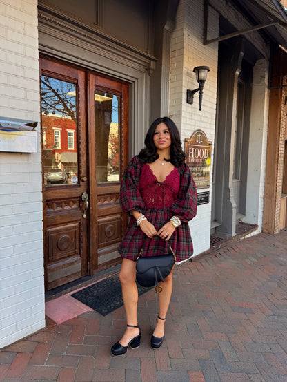 The Blackberry Lace Plaid Mini Dress