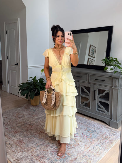 Whimsical Lace Yellow Midi Dress