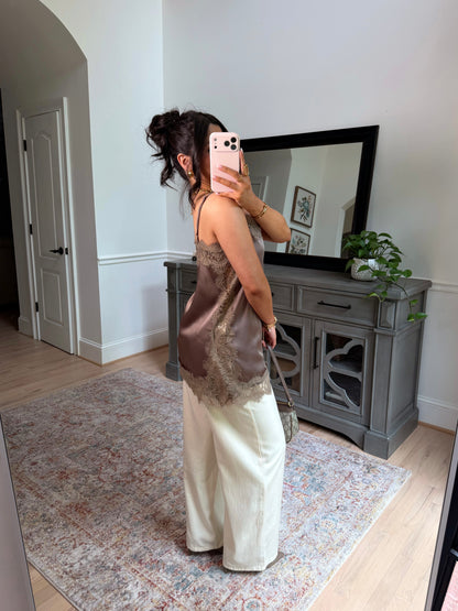 Olive Mocha Lace Satin Top