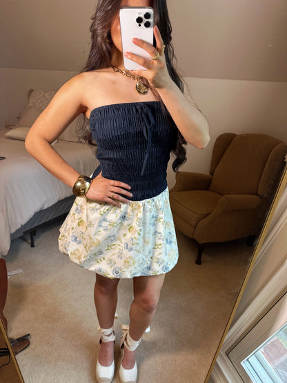Cool Toned Floral Bubble Hem Mini Dress
