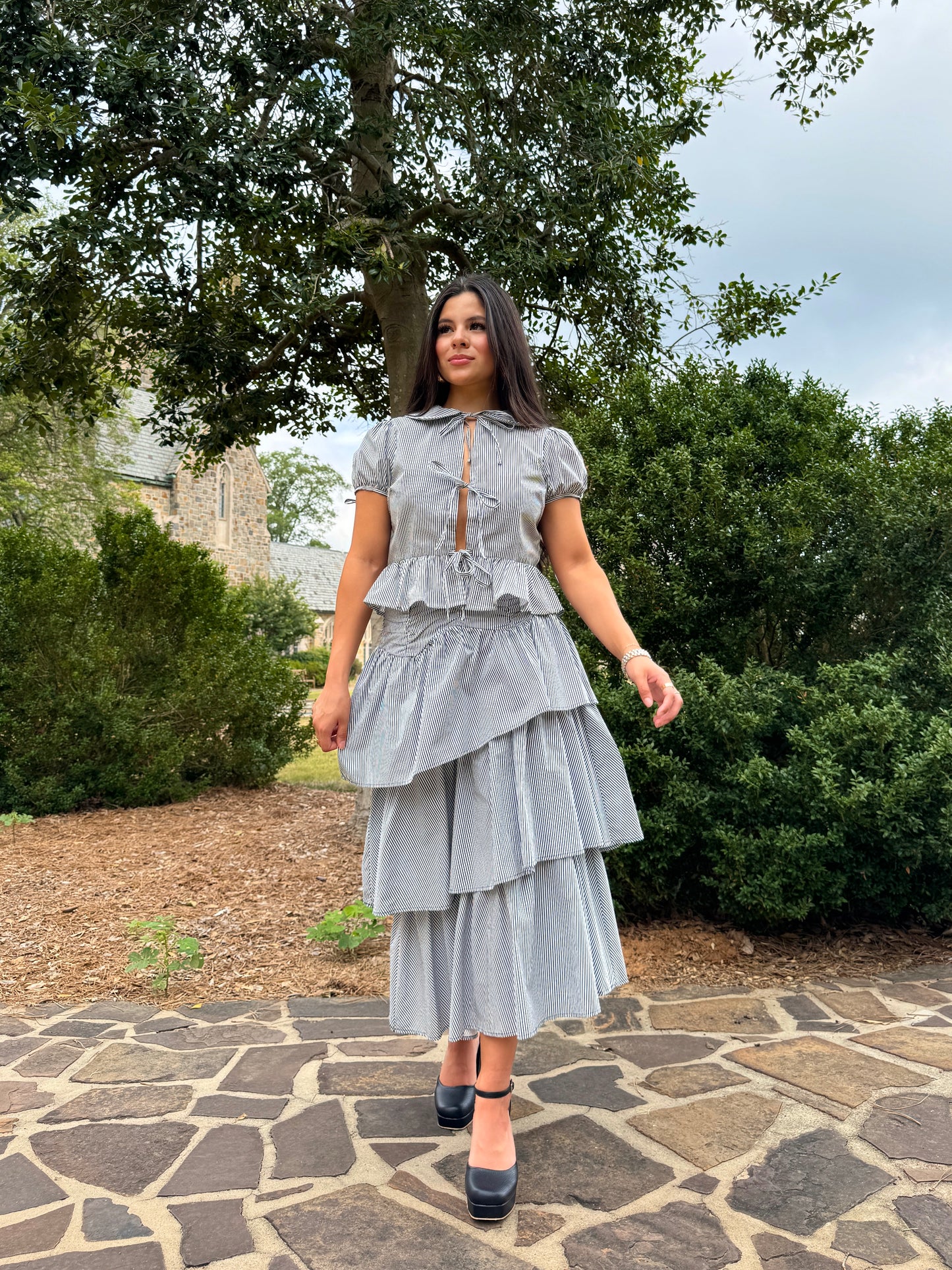 Black & White Striped Open-Front Bow Blouse