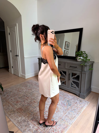 Sweet Escape Pleather Lace Dress (White/Black)