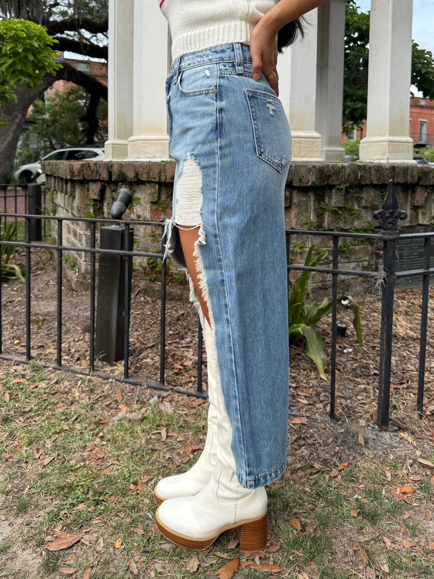 High-Low Distressed Denim Skirt