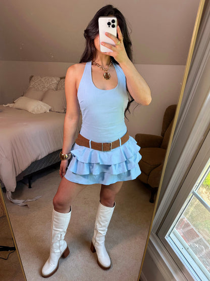 Baby Blue Ruffle Belted Halter Romper