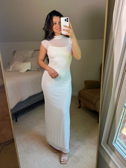 White Mockneck Mesh Maxi Dress