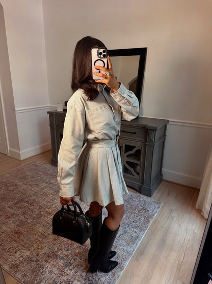 The Hostess Pinstripe Pleated Dress