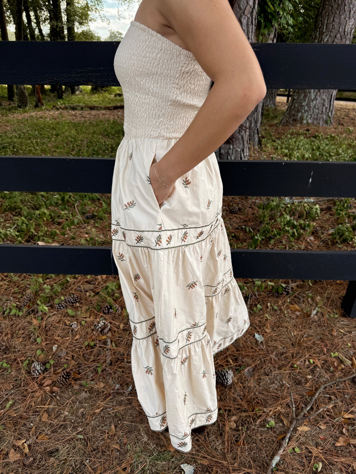 Beige Floral Embroidered Strapless Dress