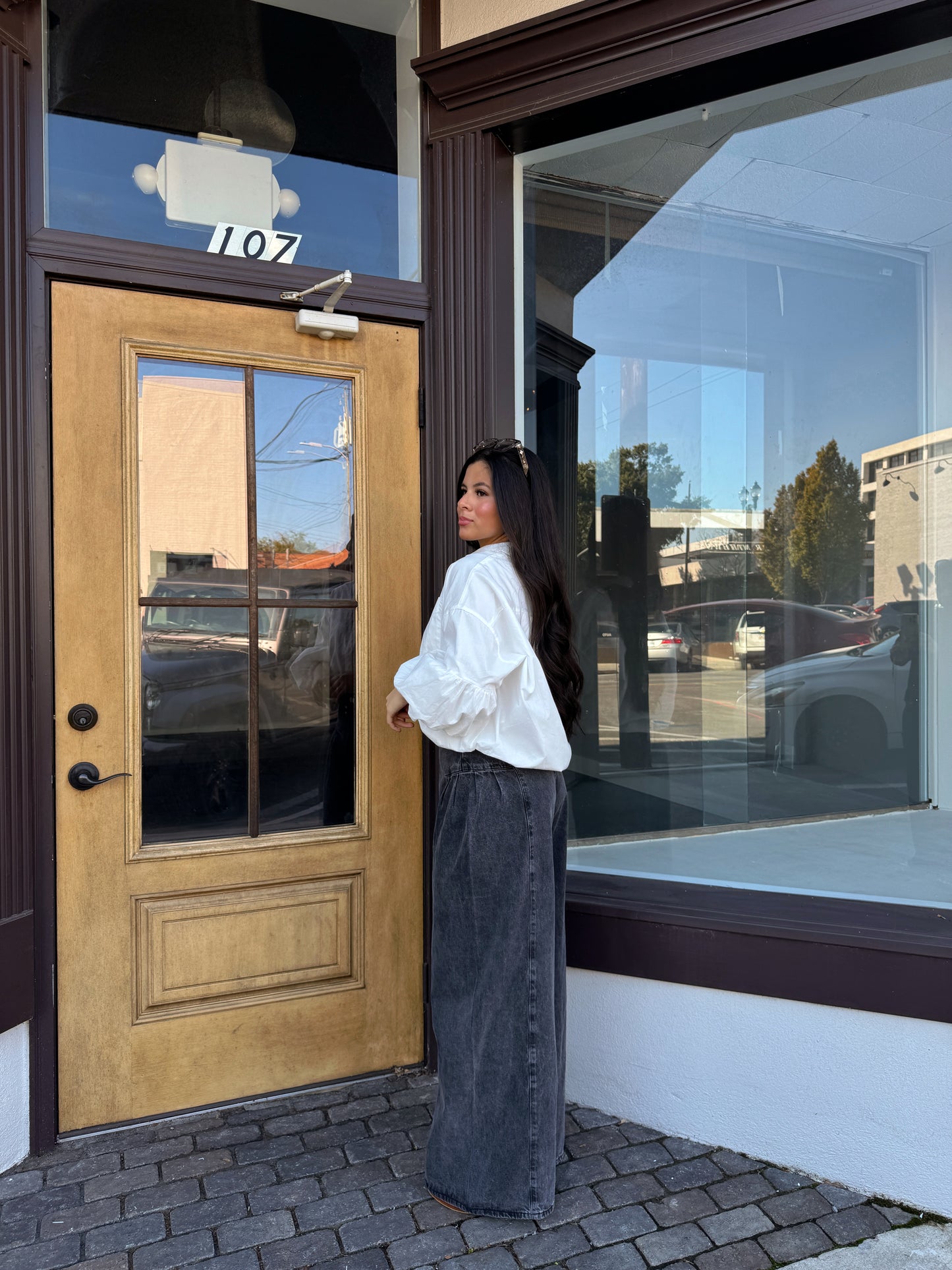 White Bubble Hem Button-Up Top