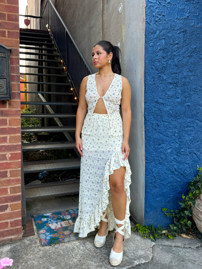 Blue Florals Lace Top & Skirt Set