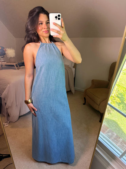 Denim Halter Open Back Maxi Dress