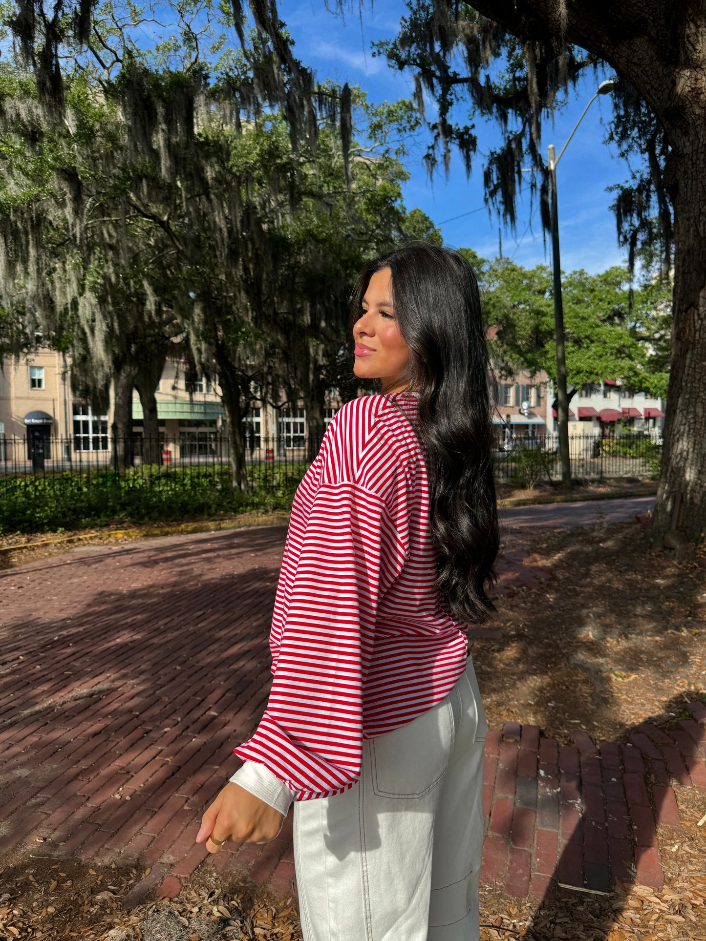 Red and White Striped Long Sleeve Tee