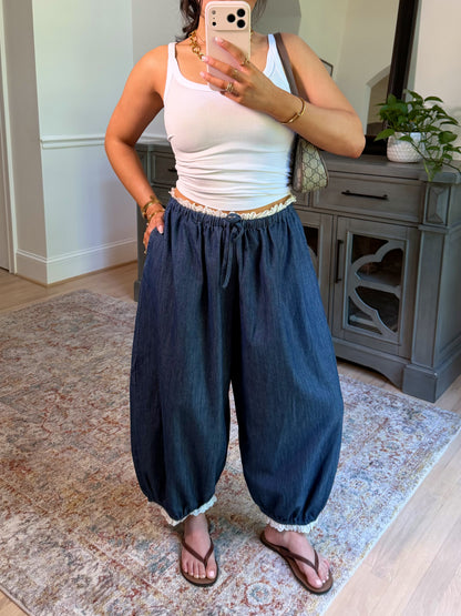 Chic Ease Denim Lace-Trim Pants
