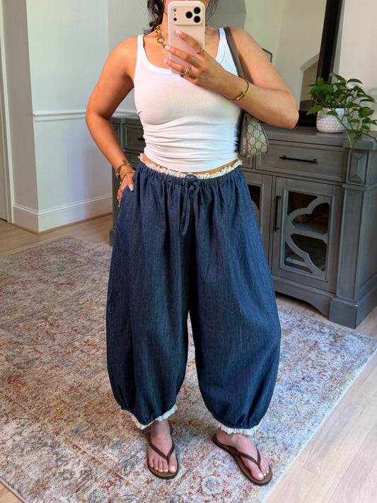Chic Ease Denim Lace-Trim Pants