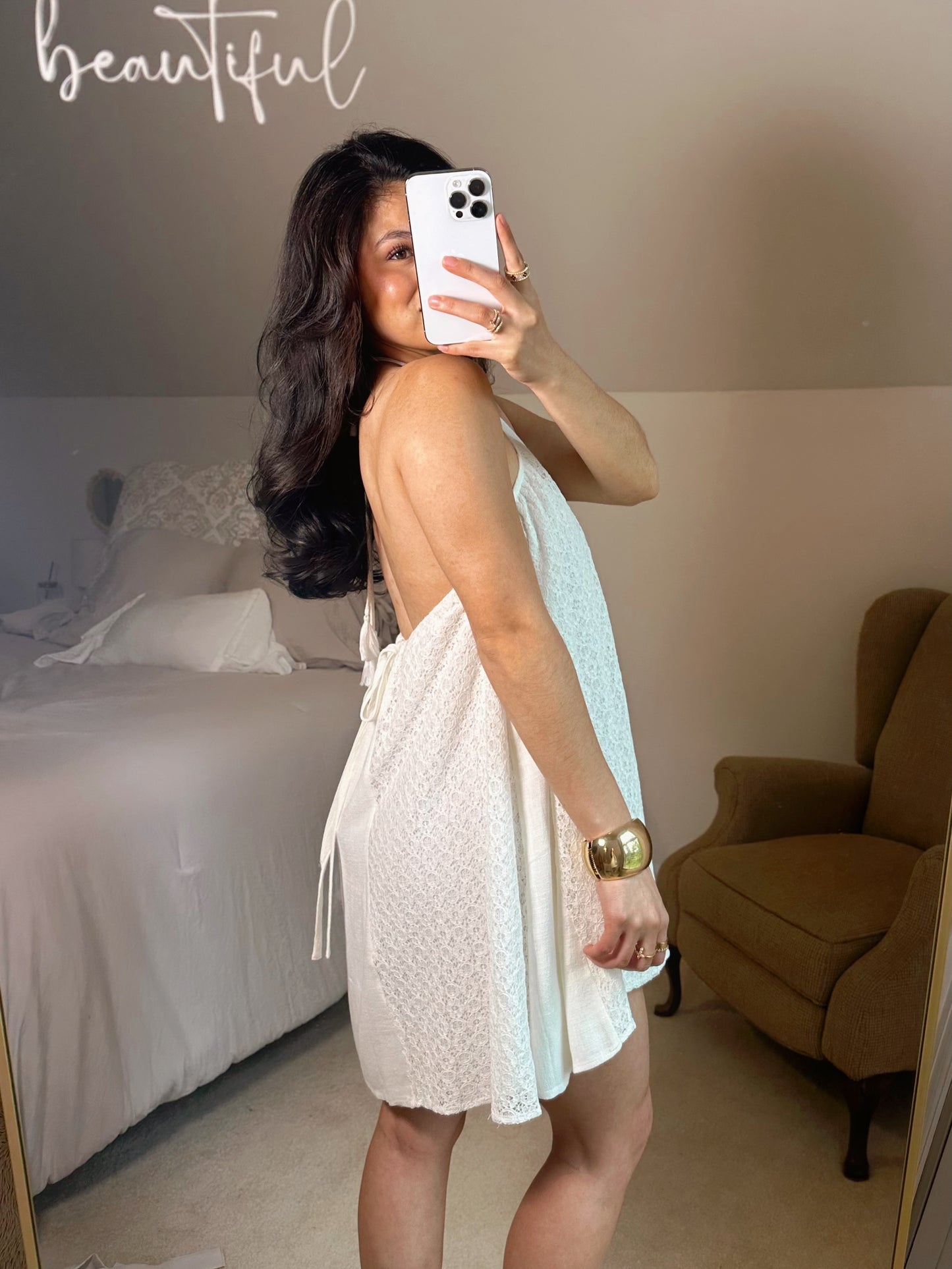 Lace Detail Open Back Halter Mini Dress
