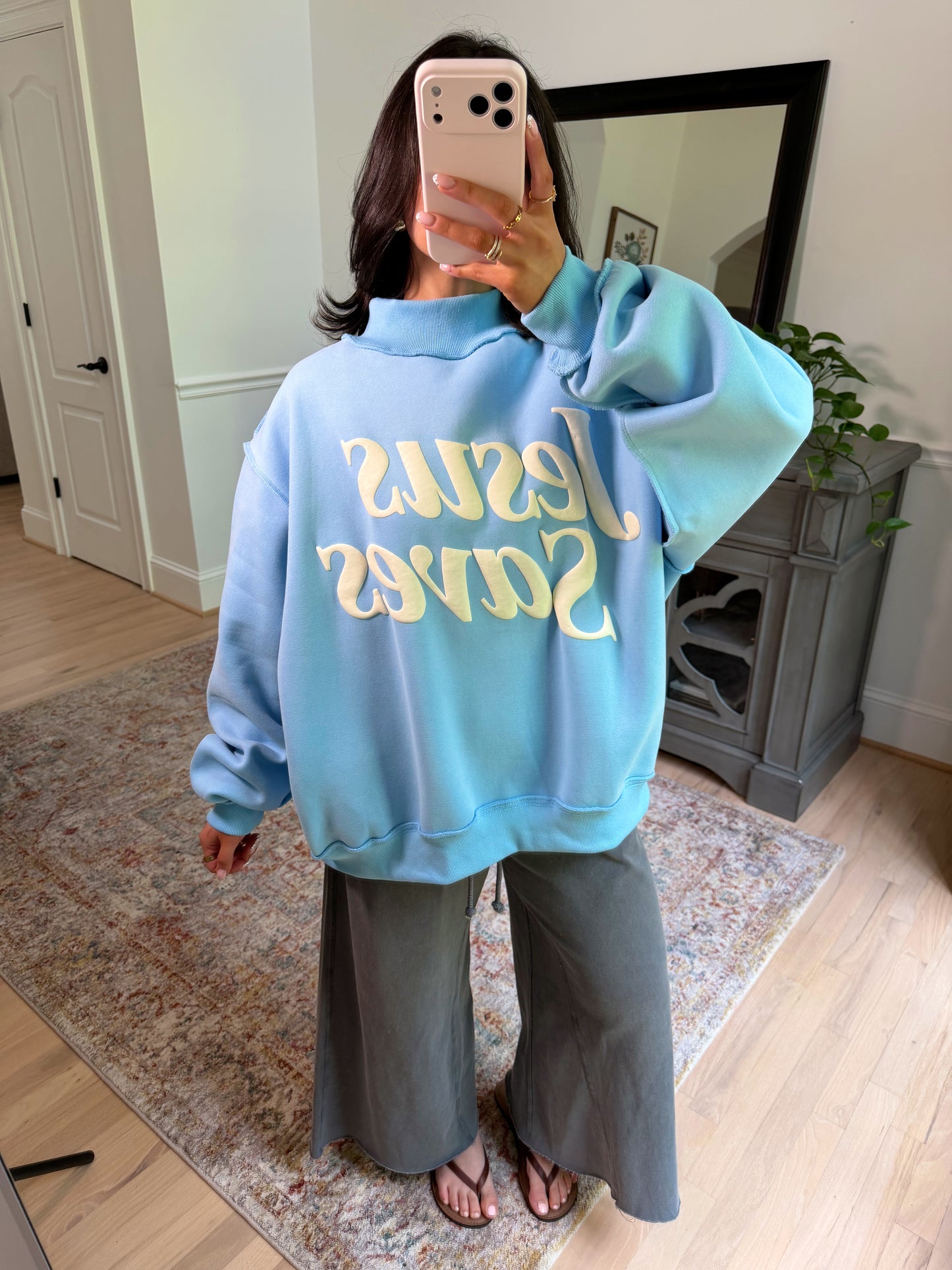 ‘Jesus Saves’ Puff Blue Mockneck