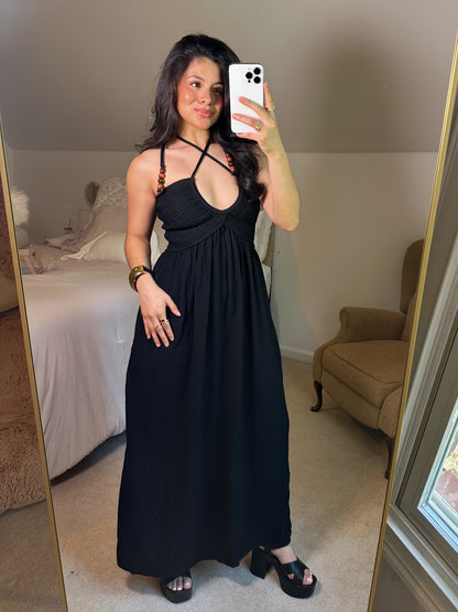 Vacation Black Halter Crochet Maxi Dress