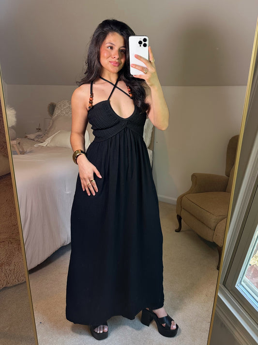 Vacation Black Halter Crochet Maxi Dress