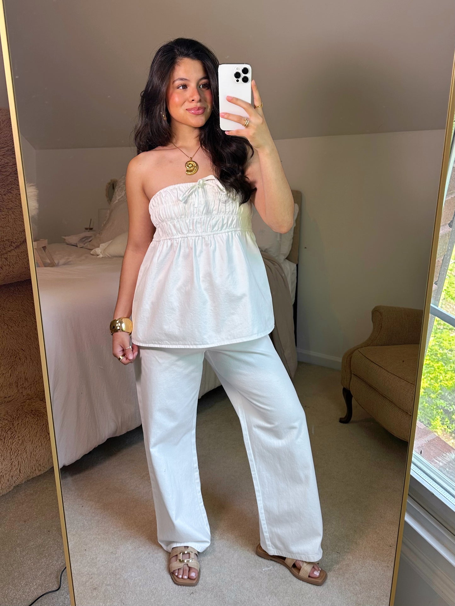 Ruched Top & Pant White Denim Set