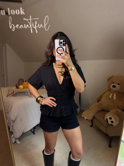 Black Ditsy Floral Smocked Romper