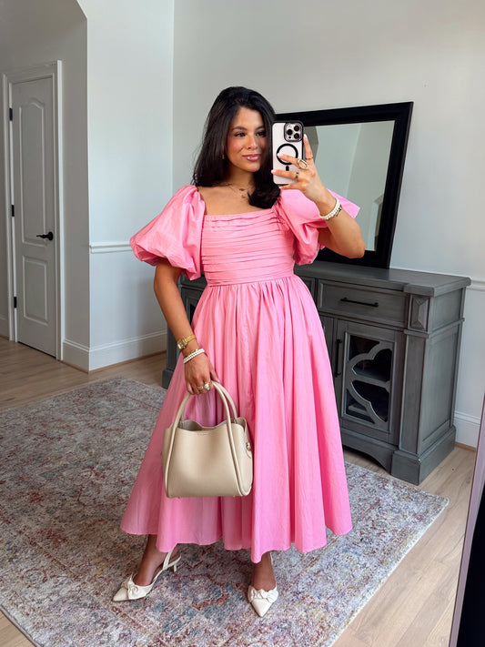 Pink Tulip Puff Sleeve Midi Dress