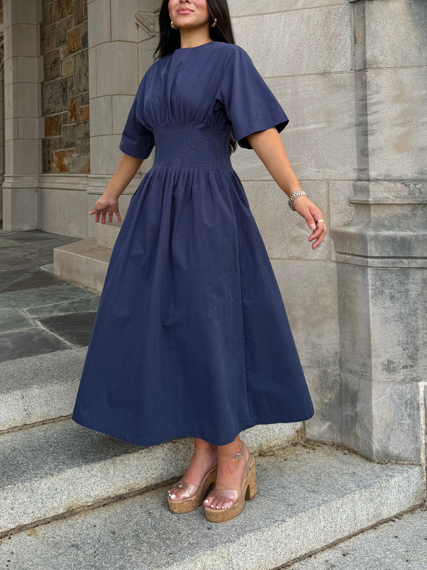 Navy Pleated Dress