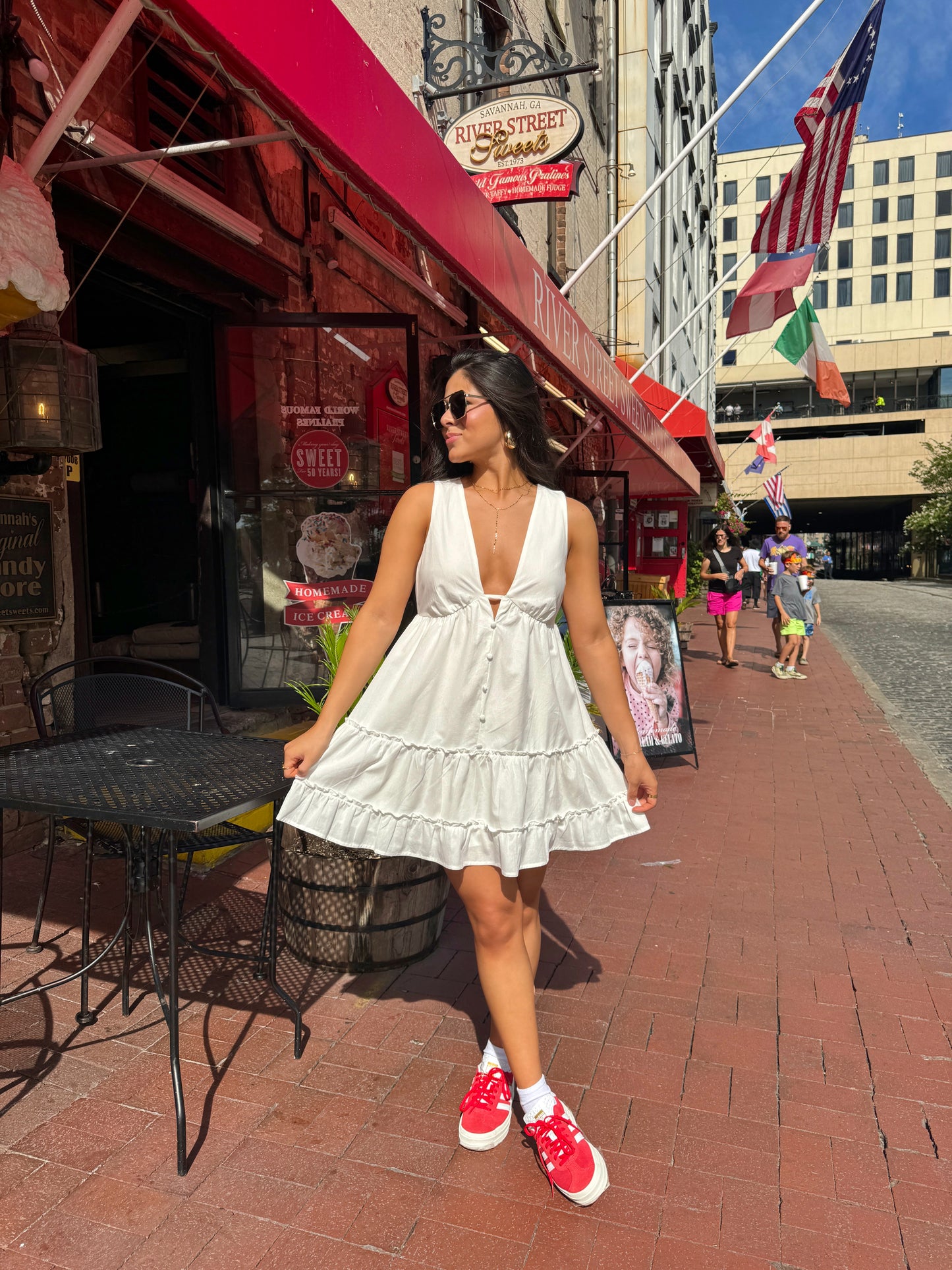 V-Neck White Short Dress