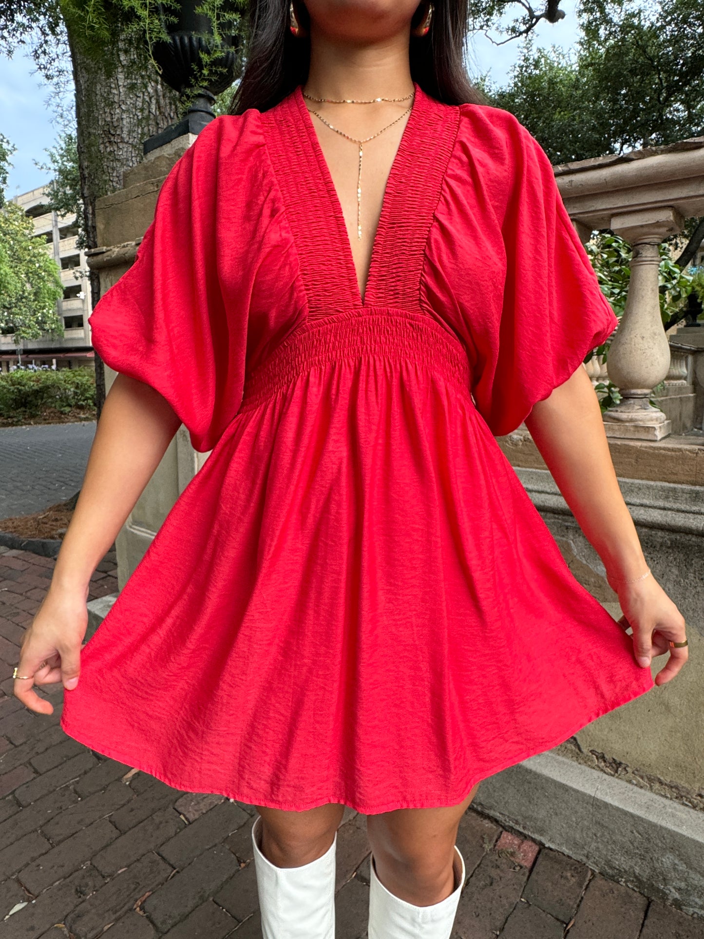 Red Puff Sleeve Flowy Mini Dress