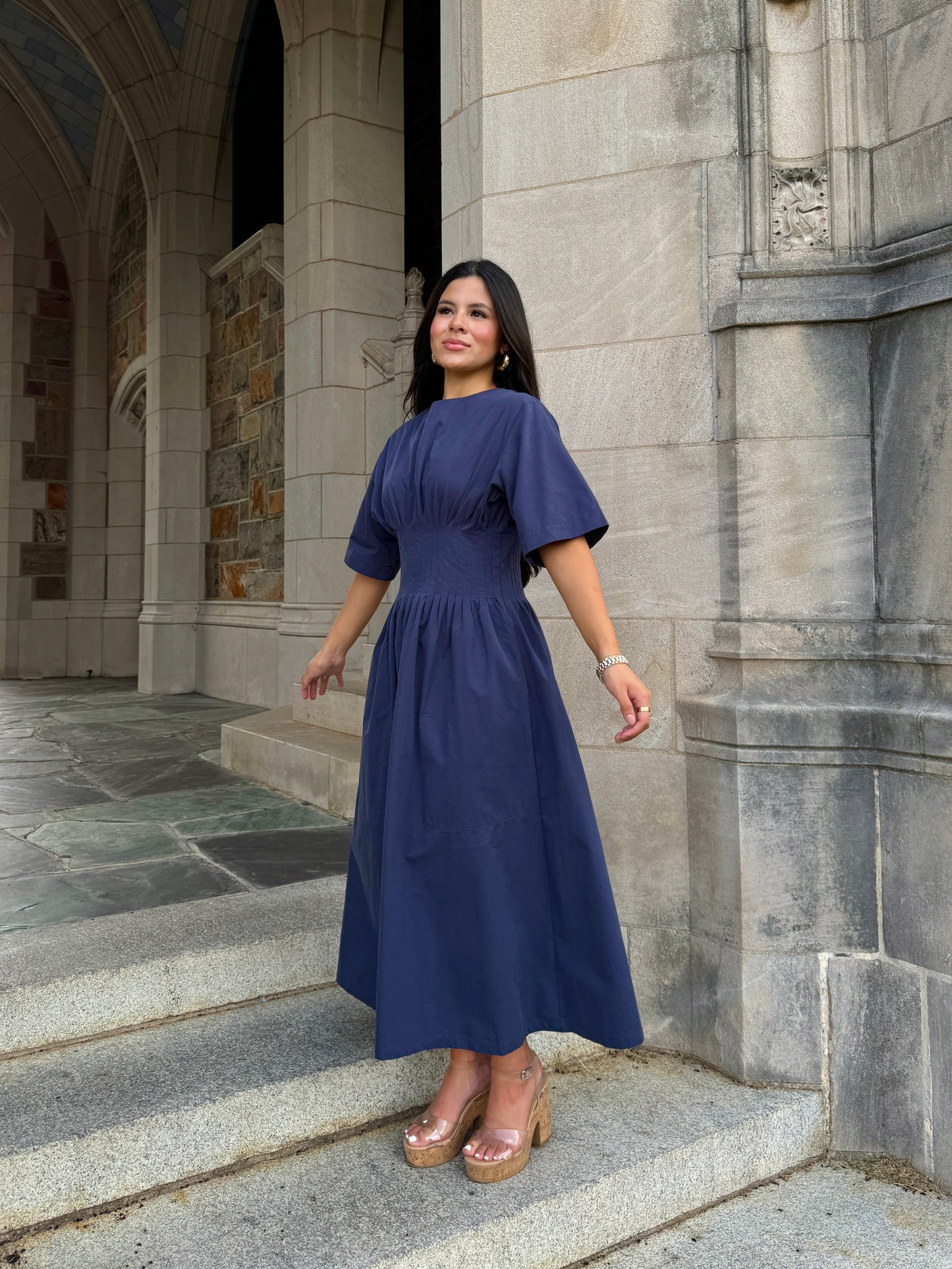 Navy Pleated Dress