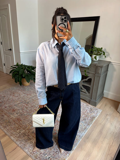 Power & Poise Pinstripe Blouse W/ Tie