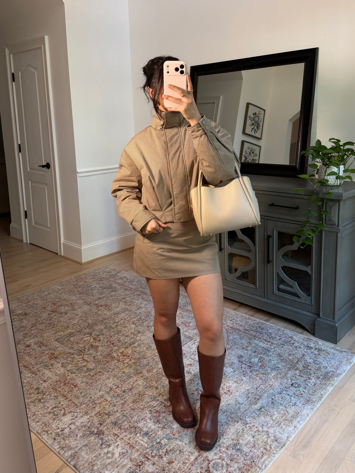 Brooklyn Tan Plaid Puffer Jacket